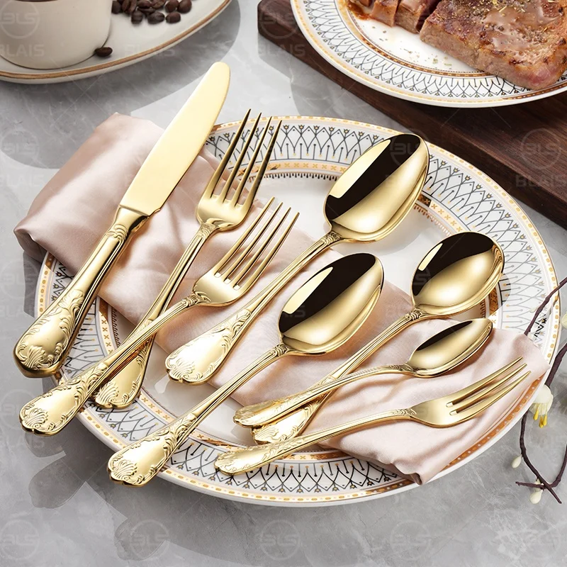 Fancy retro gold flatware set wedding bulk silverware high quality luxury metal golden plated 304 stainless steel 18/8 cutlery