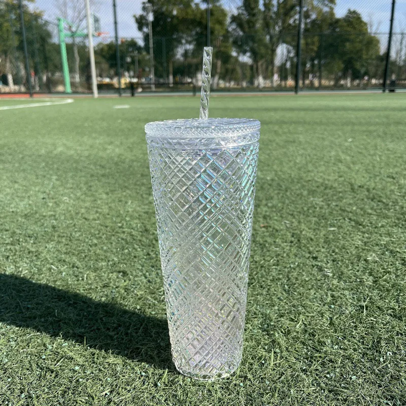 Portable Rivet Plastic Grid Studded Tumbler Durian Drinking Cup with Lid and Straw