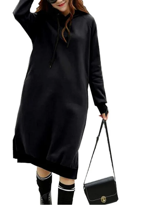 Wholesale Long Sleeve Hooded Pocket Tunic Dress Pullover Hoodie Dress Winter Sweatshirt Women Long Sleeve Solid Color Maxi Dress