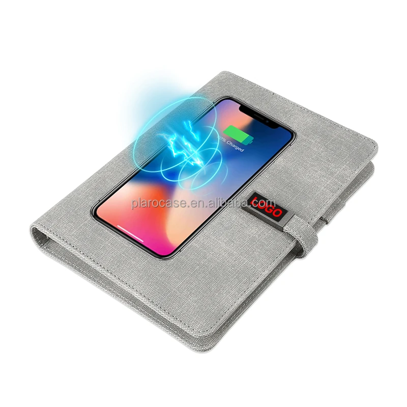LED Name Luxury PU Power Bank Agenda with Wireless Charger