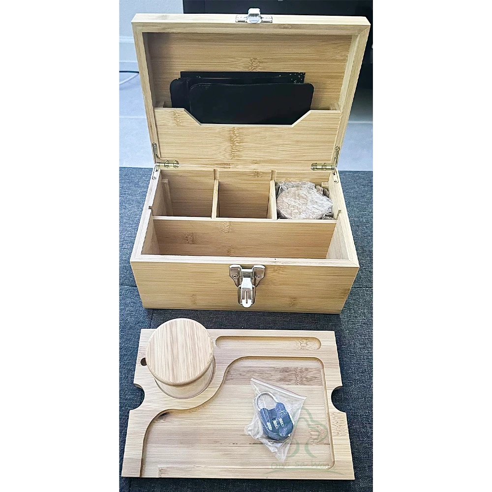Large Bamboo Wooden Box Tray Set, Locking Storage Decorative Box for Home with Combination Lock, Rolling Tray Stash Box