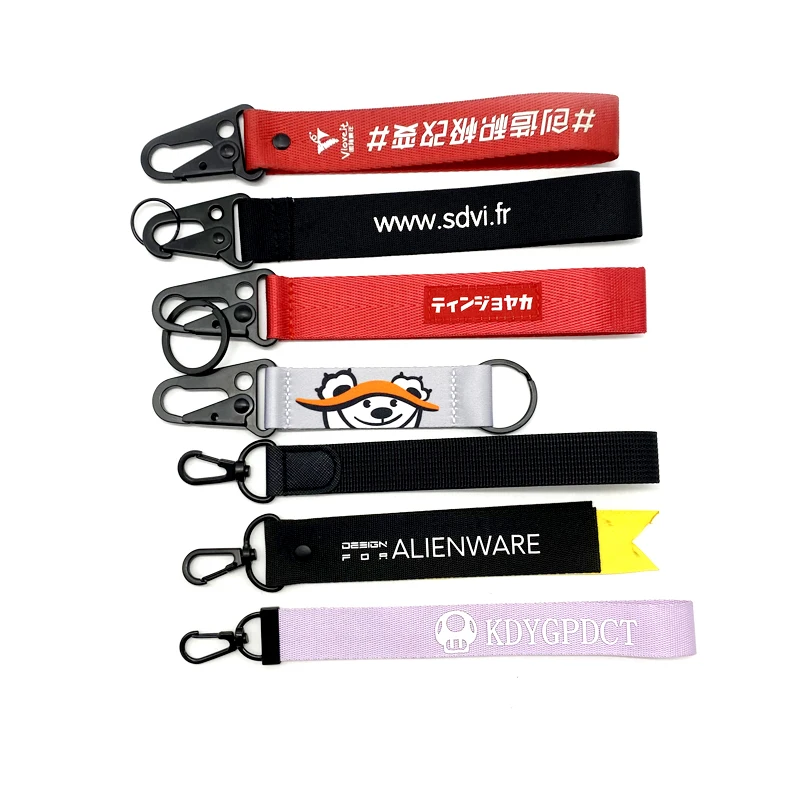 Climbing Both Side Jacquard Brand Logo Lanyards for Overcoats Stylish Black Metal Lock Ring Custom Short Keychain