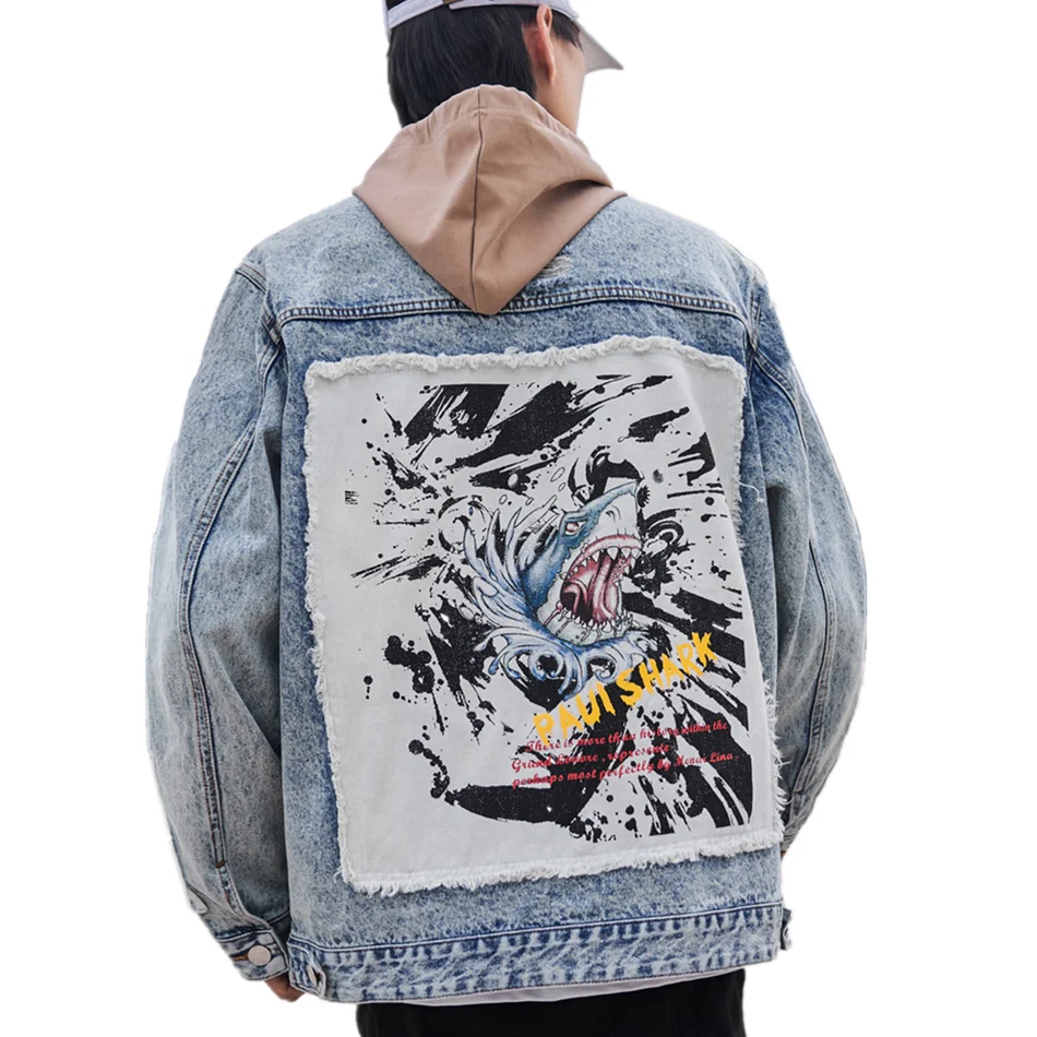 2021 New Fashion Acid Washed Denim Jacket With Big Patches Long Sleeve Distressed Patch Denim Jacket For Men