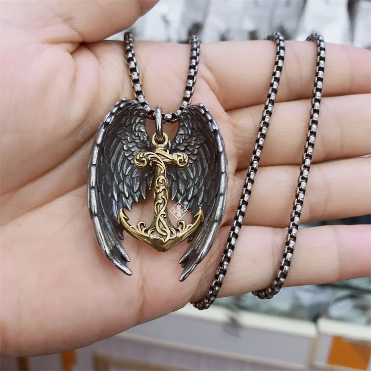Wholesale tarnish free jewelry gold plated stainless steel wing anchor pendant necklaces