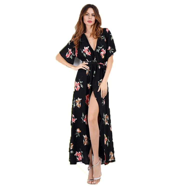Hawaii Style Beach Blue V Neck Red Floral Print Maxi Split Chiffon Dress