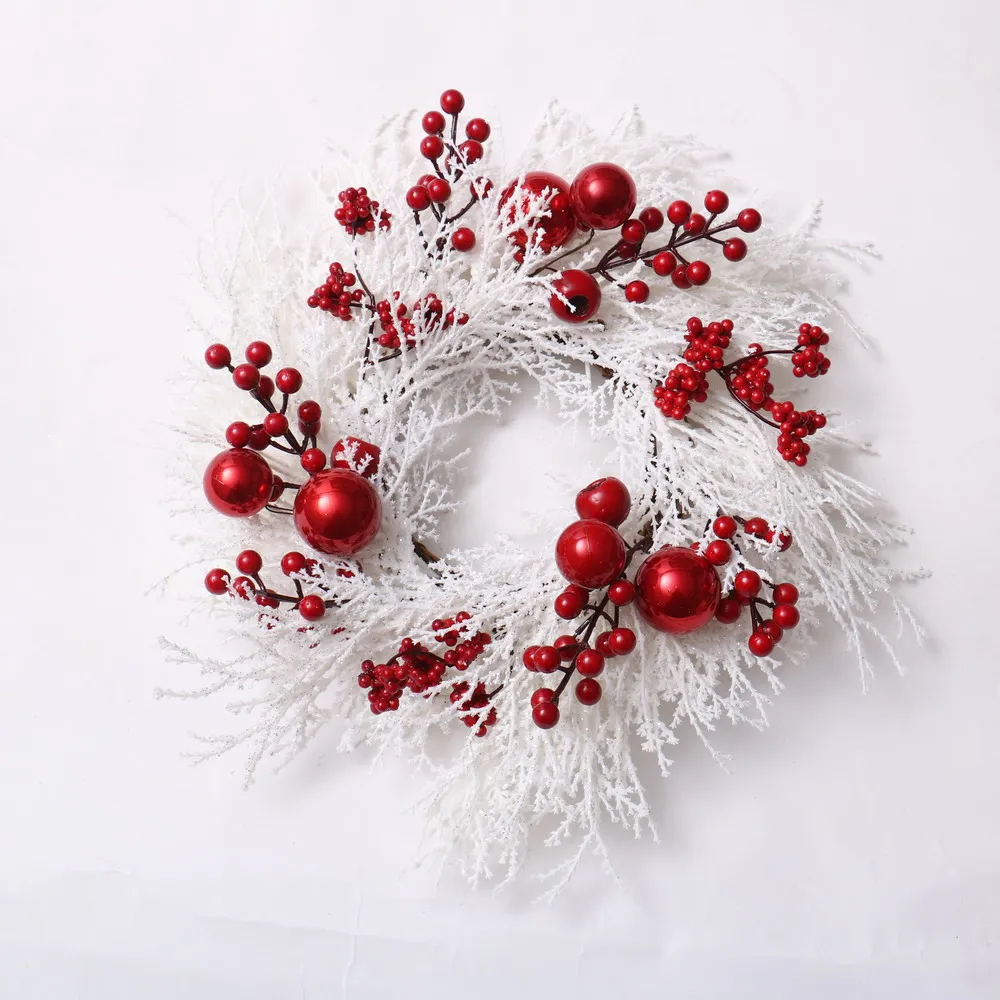Shuangyuan Factory 2022 Personalized 50cm 19inch Christmas PE with white glitter hanging Deco wreath red Cherry Flower Wreath