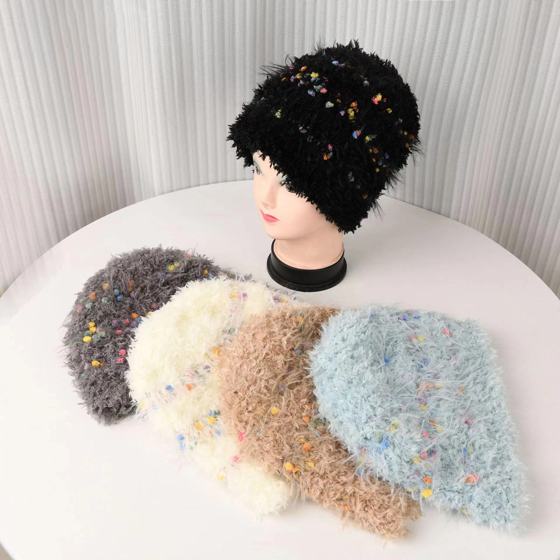 High Quality Fur Padded Plush Fresh Sweet Colorful Candy Wide Brim Shopping Hand Made Crochet Bucket Hats Bucket Hat For Women