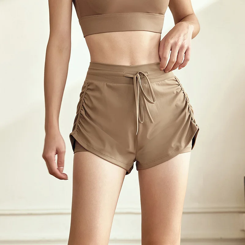 Wholesale Women Quick Dry Double Layer 2-in-1 Running Yoga Shorts Drawstring Flowy Hem Fitness Workout Athletic Wear Clothing