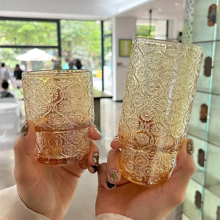 Fancy Glass Coffee Cups Cylinder Drinking Glass Embossed Tumbler Glass Set