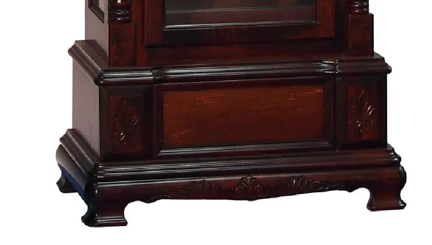 Cherry finish on select hardwoods and veneers, heavily distressed with light and deep dents Grandfather Floor Clock