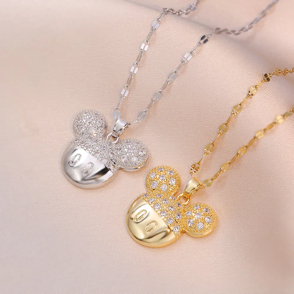 Fashion Waterproof Silver 18K Gold Plated Stainless Steel Diamond Zircon Women Mouse Ears Mickey Necklace Jewelry