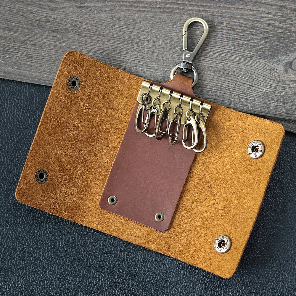 Key Case Wallet Holder Genuine Leather Mens Keychain Ring Pocket Car Fob Organizer Cover 6 Hooks Handmade Gift