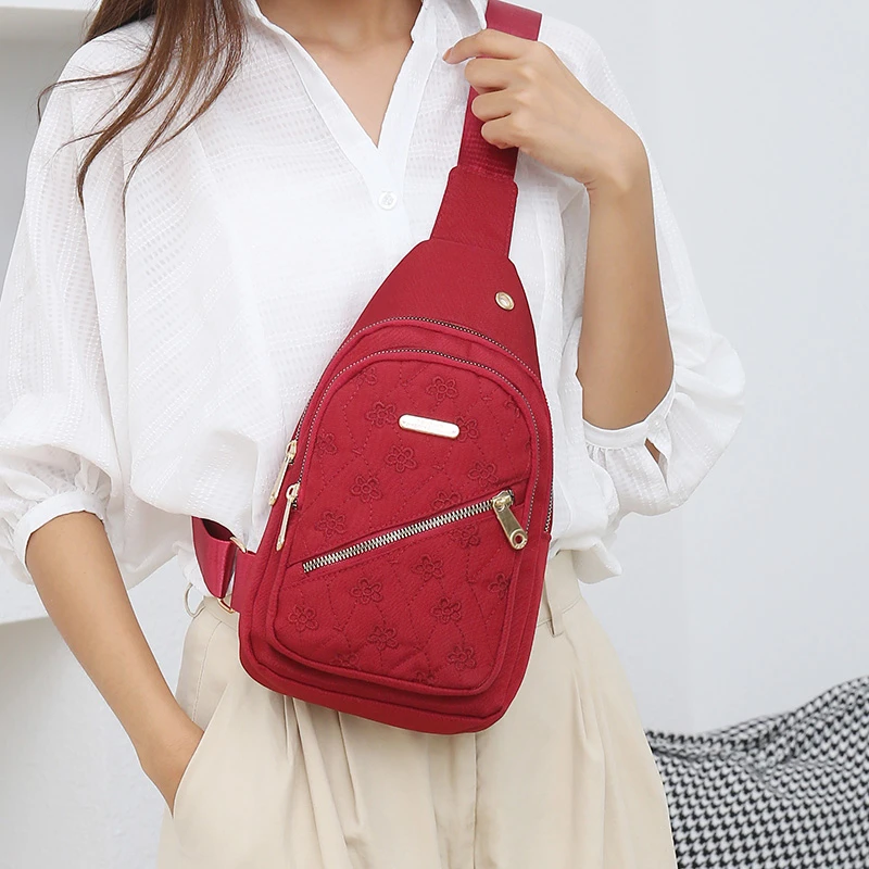 Women  Floral embroidery Quilted Crossbody Sling Backpacks Waterproof Zipper Chest Shoulder Bags For Cycling Hiking Travel