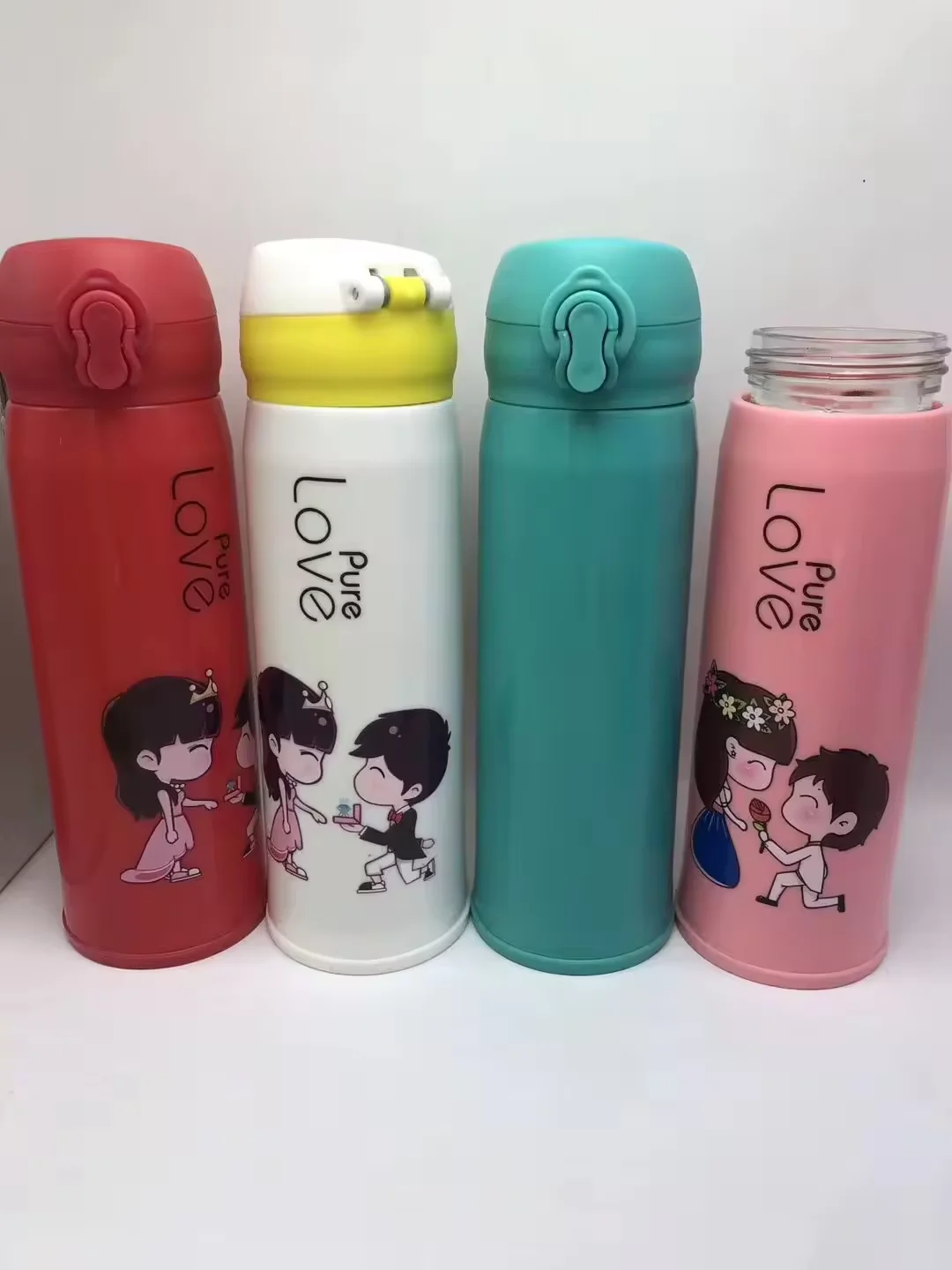 Cartoon student creative cartoon couple Double layer water cup plastic glass cup glass