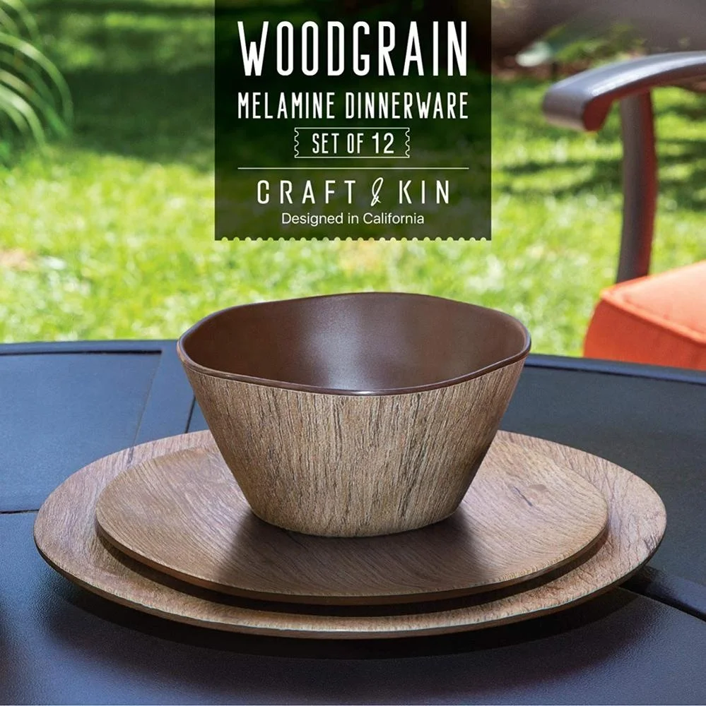 
Best sell 12 pc set wood grain dinnerware high quality melamine tableware eco-friendly and durable kitchenware 