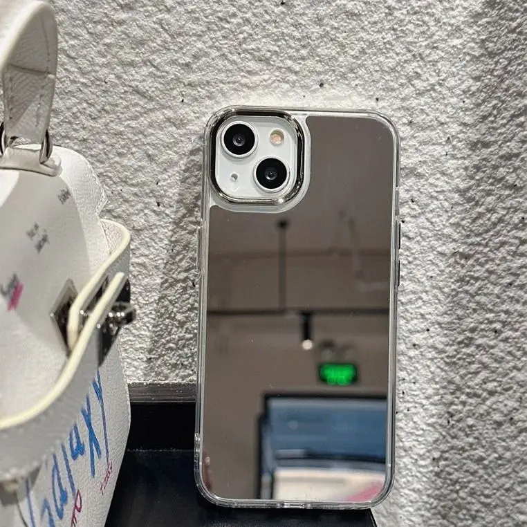 Laudtec Hard Mirror Back Soft Bumper Protective Cover Girls Woman Makeup Cell Phone For iPhone 14 14 Pro Max Mirror Phone Case