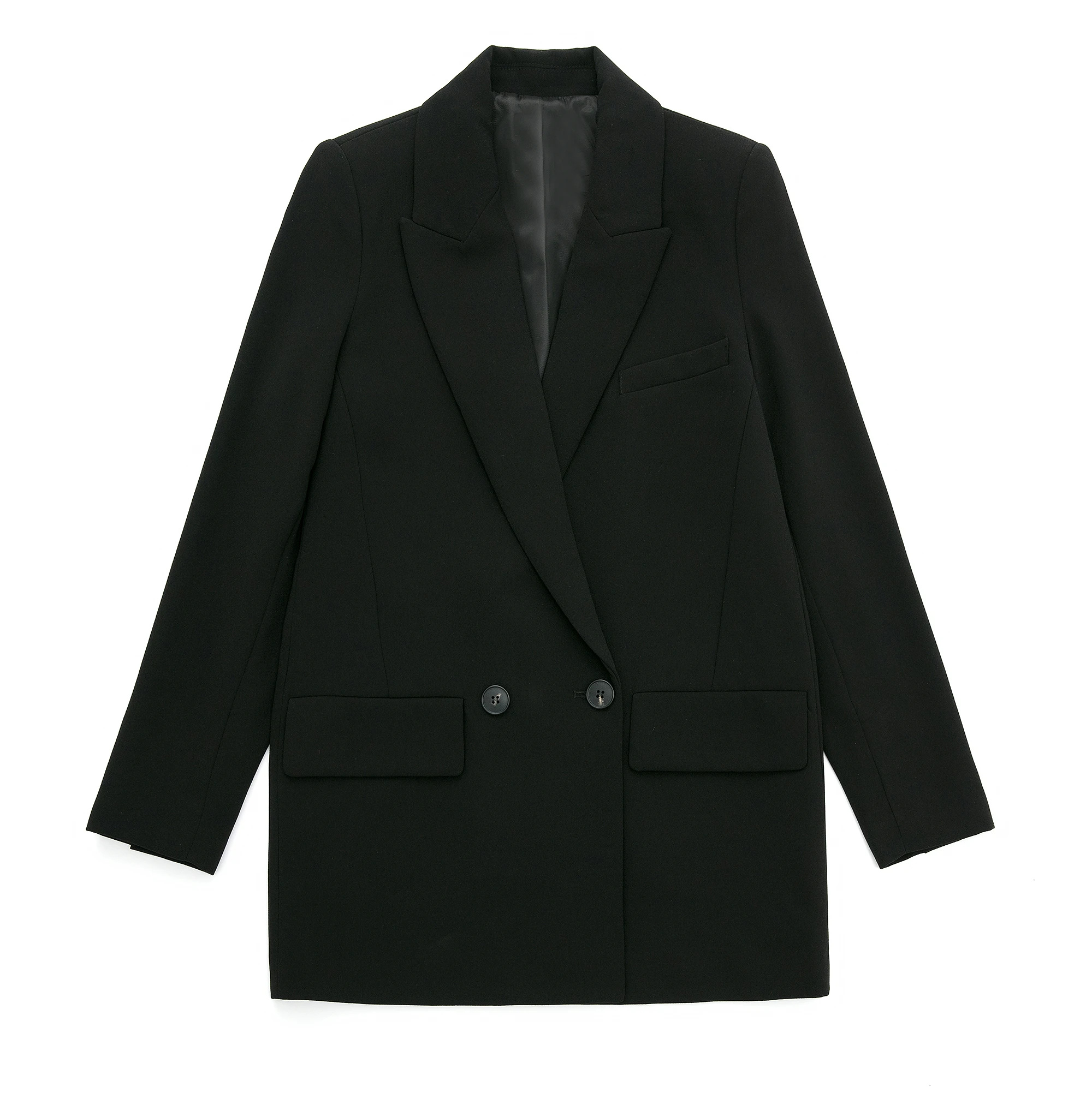 Double breasted black color notched collar long sleeve casual fashion women blazer jacket
