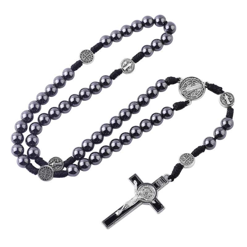 Factory Supply 8mm Hematite Stone Beads Saint Benedict Catholic Rosary Crucifix Pendant  Necklace Religious Prayer Beads Cord