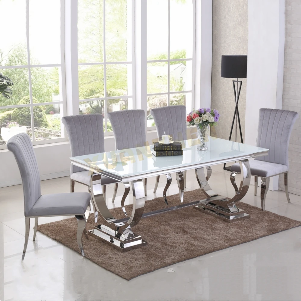 Modern living room furniture stainless steel dining tables and chairs set marble top dining table dining table set for home
