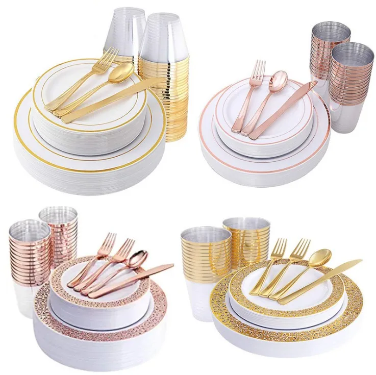 
Wholesale Wedding Dinner Gold Disposable Plastic Dish Plates Sets Dinnerware 