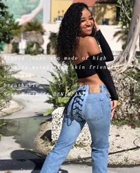 Женские джинсовые брюки в полную длину, винтажные панталоны, облегающие брюки boyfrineds, джинсы, брюки со шнуровкой сзади