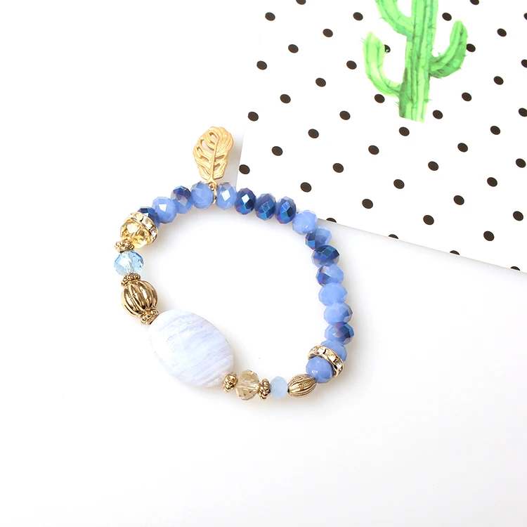 V&R Qingdao Jewelry Half Coating Matte Gold 18k Gold Plated Mix Opal Blue Faceted Bead Faceted Stripe Stone Stretch Bracelet