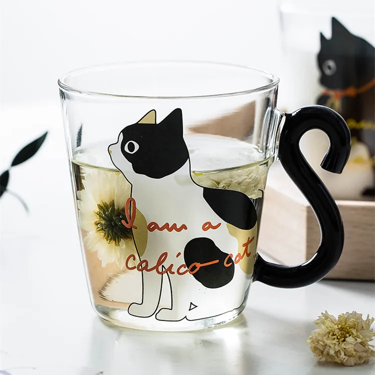 Wholesale animal design novelty gifts for women girls ,Hand blown Single wall borosilicate glass milk cup cute cat mug