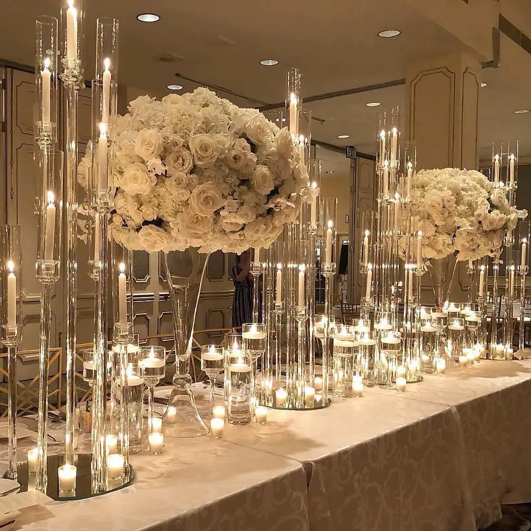 MH-TZ0575  Elegant 10 arm tall glass crystal candelabra candle holders centerpieces for wedding table decoration