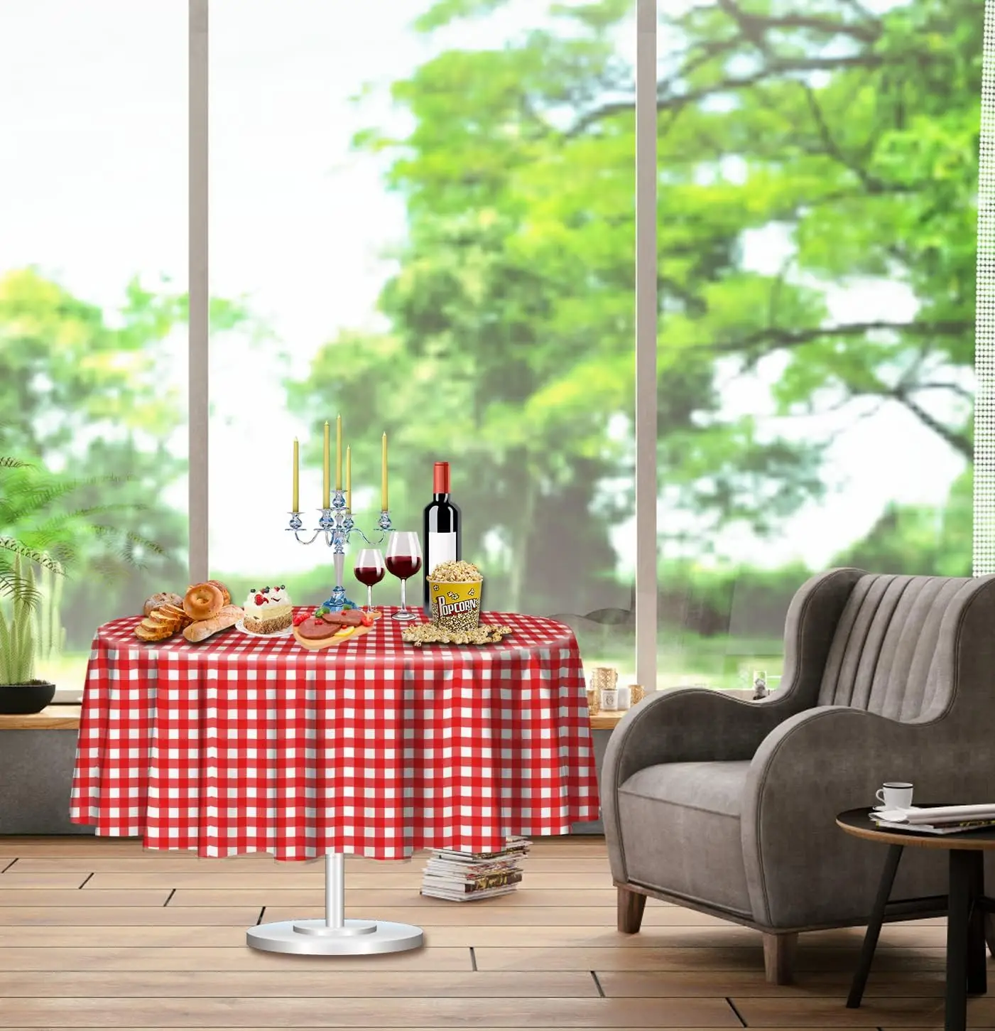 Wholesale Round Red & White Plastic Disposable Tablecloth Checkered Table Covers for Parties, Picnics, Camping, Events