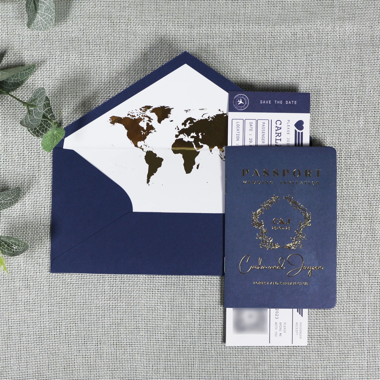 Fancy Navy Blue Wedding Destination Passport Gold World Map Invitation with Boarding Pass Card and Envelope