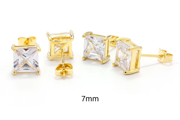 Simple brass jewelry white crystal zircon 6-8 mm single square stud earring