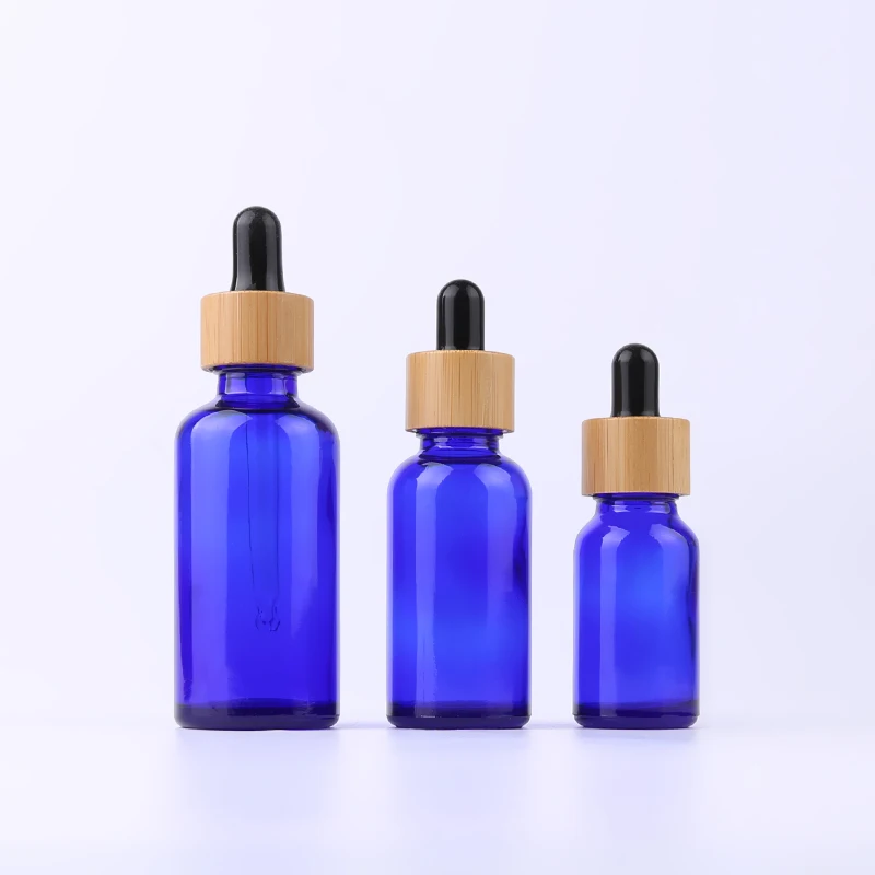 50ml bamboo dropper essential oil blue bottle for hair oil with bamboo cap