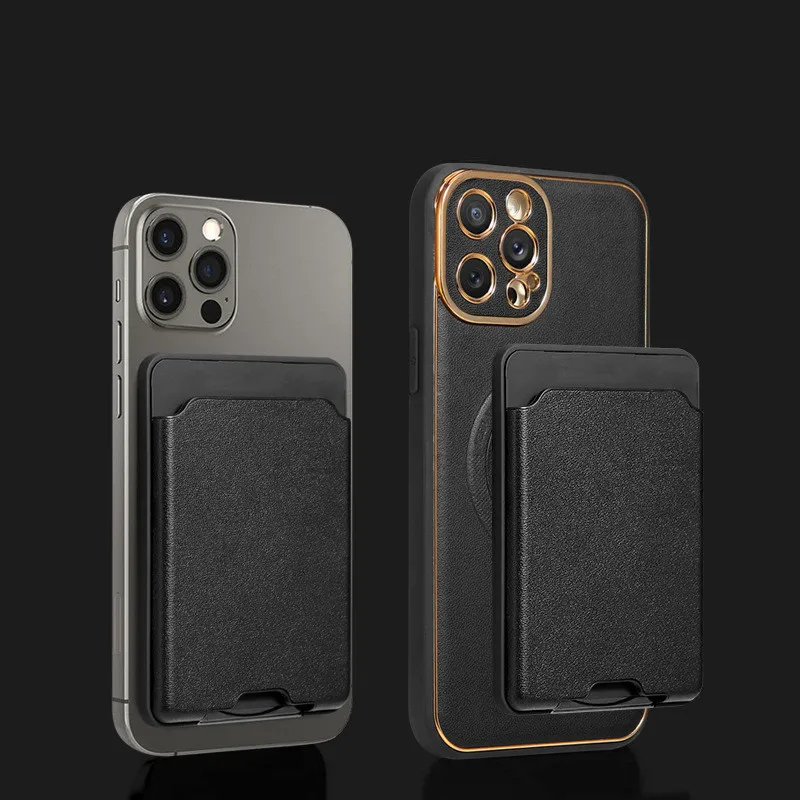 Magnetic ID card clip wallet Credit Card Holders LUXURY leather with metal holder for mobile phone