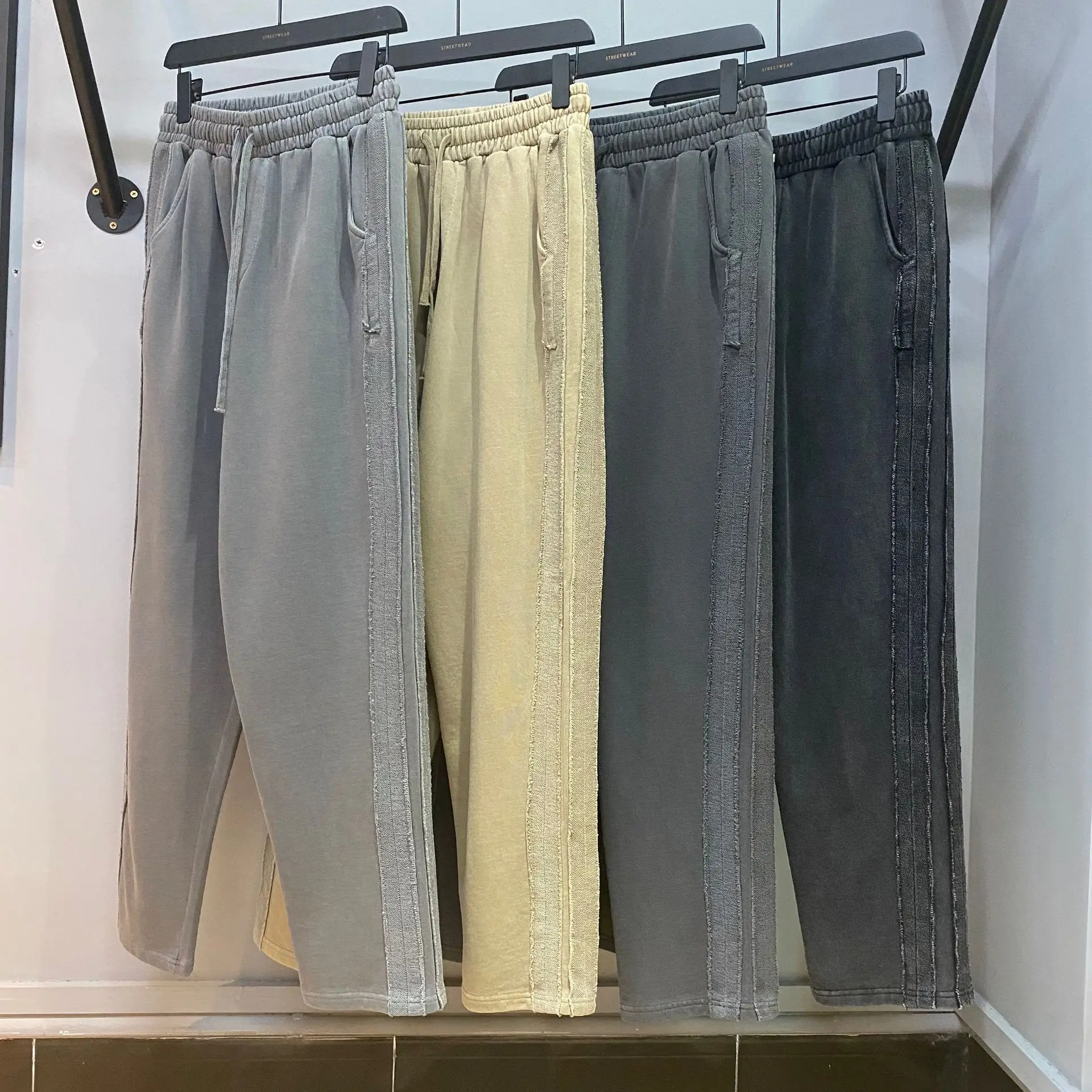 Mens High Street Fashion Brand Loose Stitching Distressed Wide-leg Trousers Washed Casual Heavyweight  Straight Leg Sweatpants