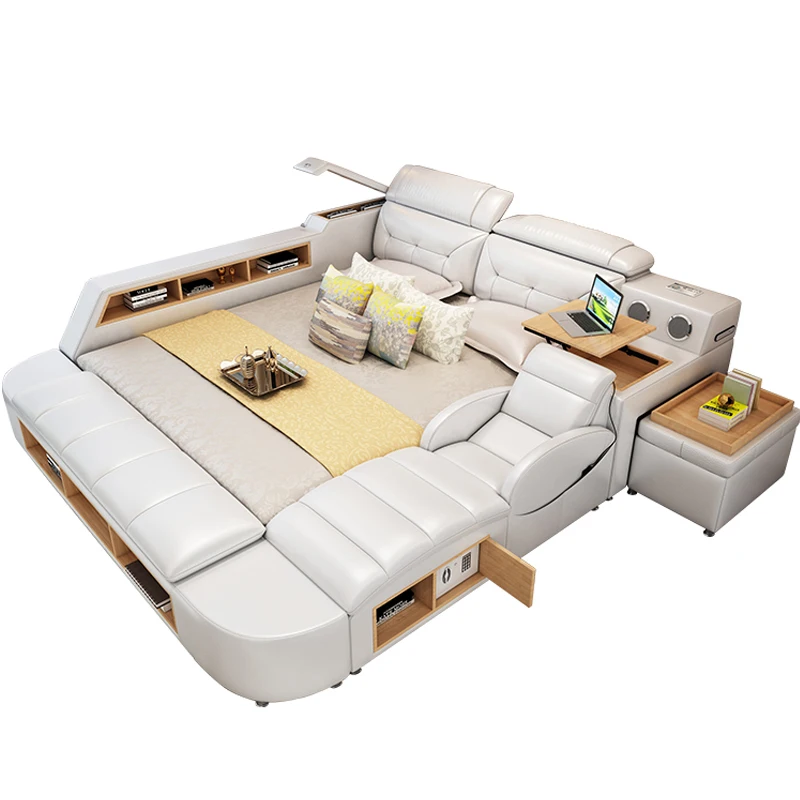 
Modern leather Fabric Bed with Storage Box function Bedroom Furniture set Chestrfield Style multimedia speaker USB charger 