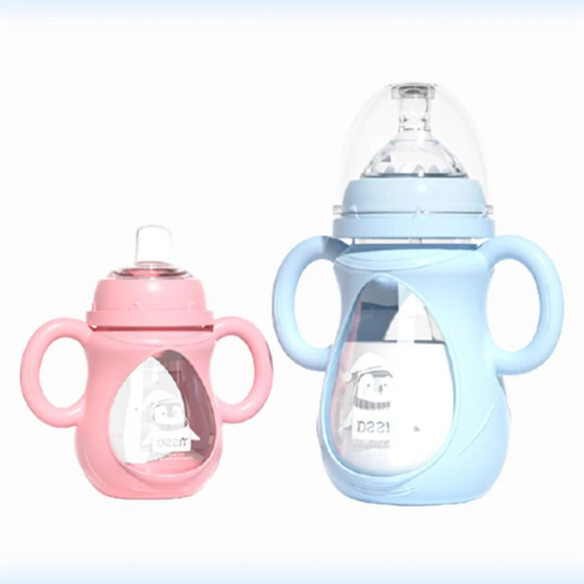 Wholesale 3 in 1 Baby Water Bottle Silicone Protective Sleeve Glass Baby Bottles Newborn 3 Spouts Baby Bottles