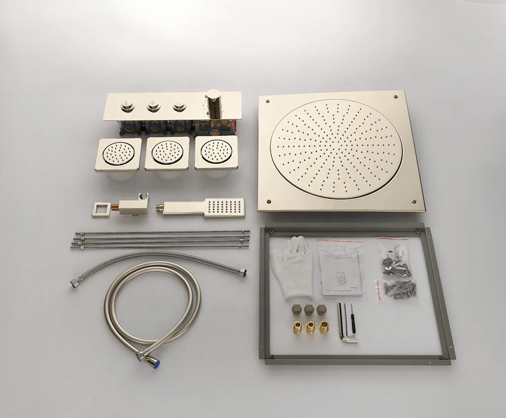 19x19-inch, ceiling-mounted concealed shower system with three body jets, hidden design, light gold, round, thermostatic button