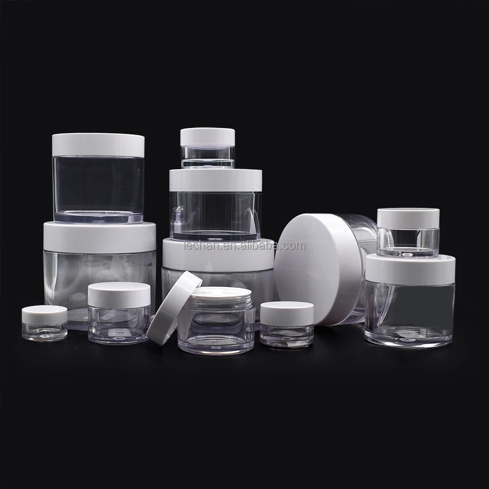 Stock 5g 10g 20g 1oz 4oz 8oz petg acrylic thicken bottom transparent empty cosmetic plastic jars with white lids