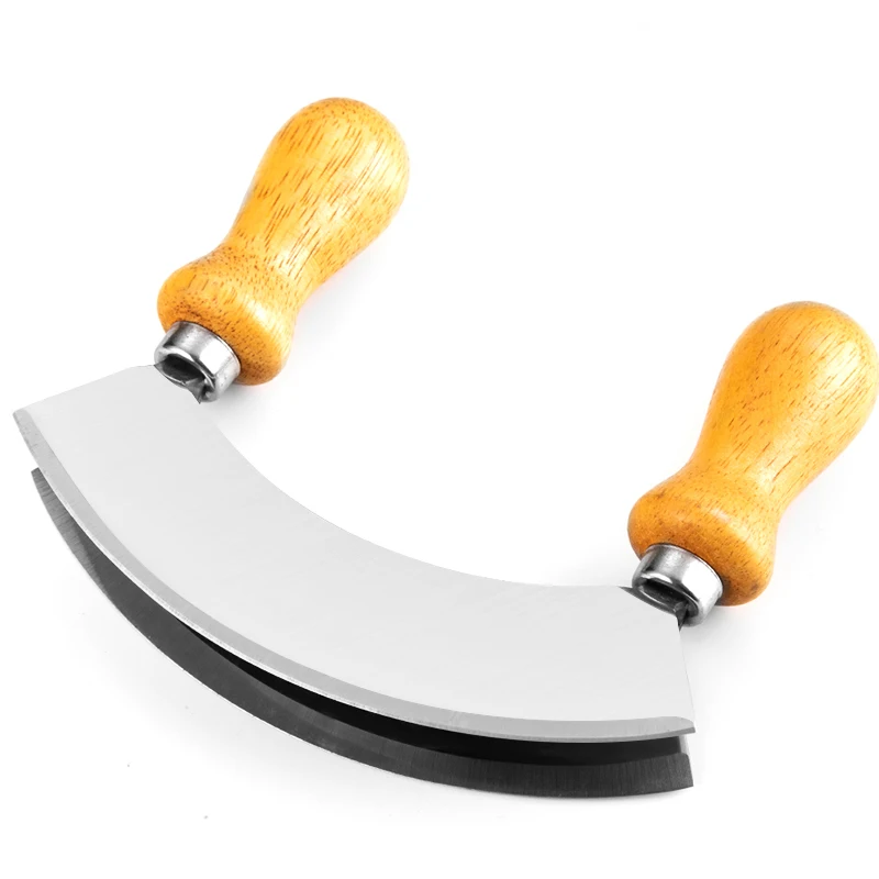 Stainless Steel Double Blade Mezzaluna Mincing Knife with Wood Handle