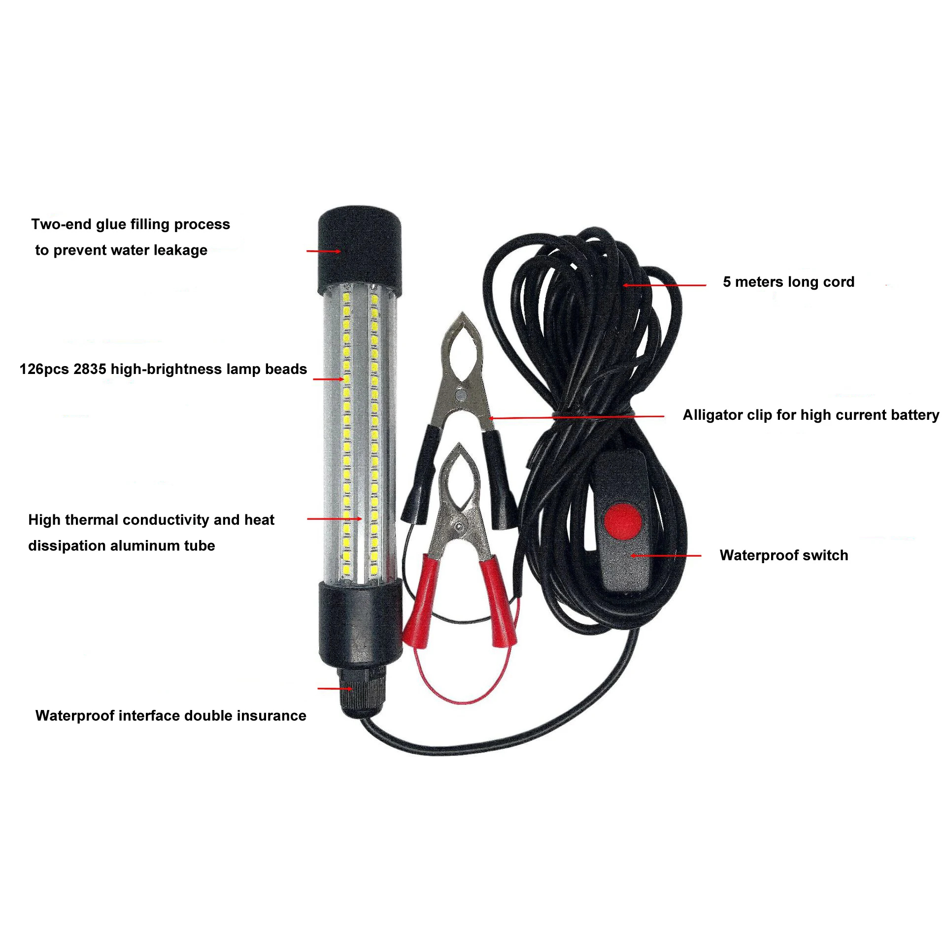 12-24v 13w Ip68 Led Submersible Fishing Light 6 Sides Underwater Fish Finder Lamp With 5m Cord