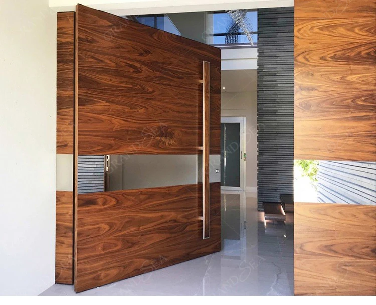 Customization Fiberglass Glass Office Toilet Bathroom Garage Internal Teak Design Indoor Wooden Door With Smart Lock Pivot Doors