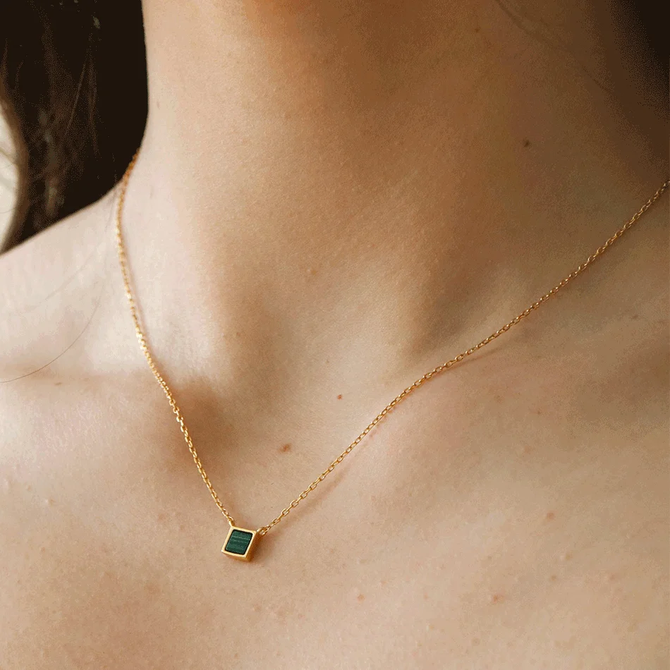 mother jewelry 925 Sterling Silver green natural stone necklace 18K gold Plated Stone Square malachite necklace