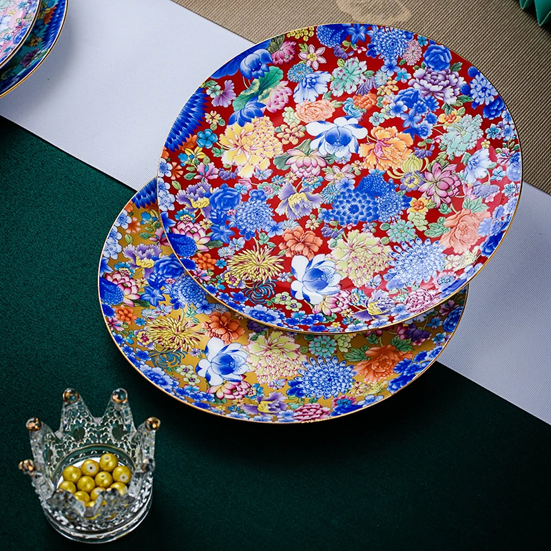 Doucai Wan Hua Series-8 Inches Full Flower Flat Plate Non-Circle High-End Tableware Non-Deep Dish Salad Steak Bowls for Export