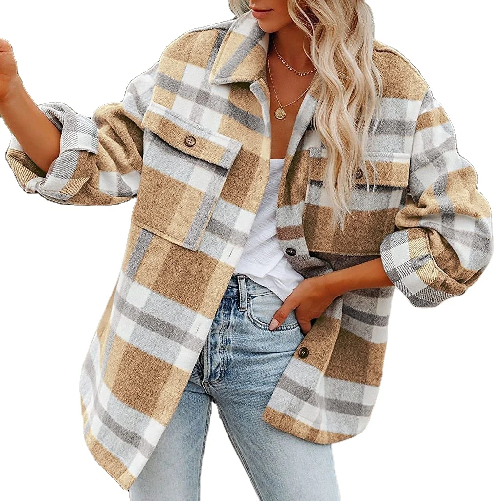 2022 Wholesale Ladies Casual Jackets Oversized Flannel Plaid Shirt Women Long Sleeve
