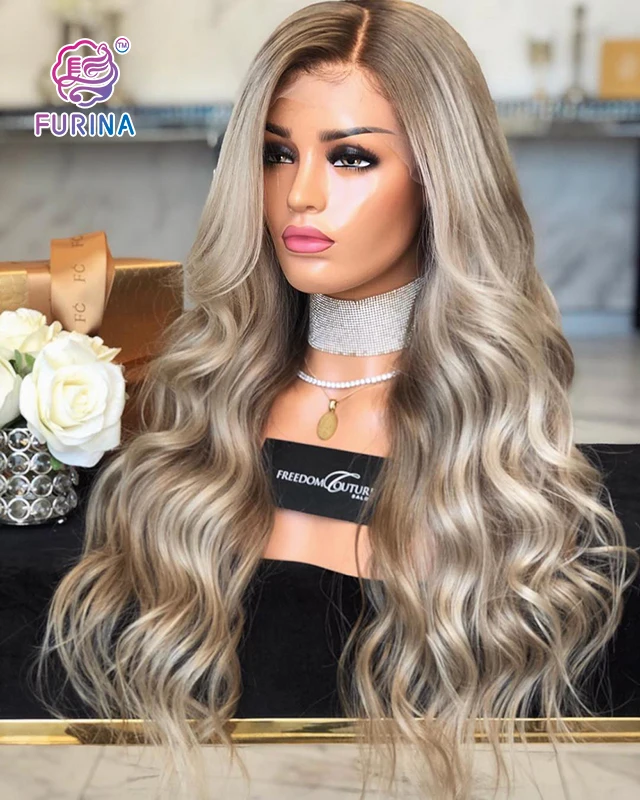 White women long wavy 26' Japanese fiber middle part ombre highlight synthetic lace wigs