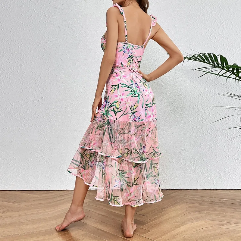 New French High Waist Print Deep V Neck Ruffle Bikini One Floral Beach Vacation Matching Swimsuit