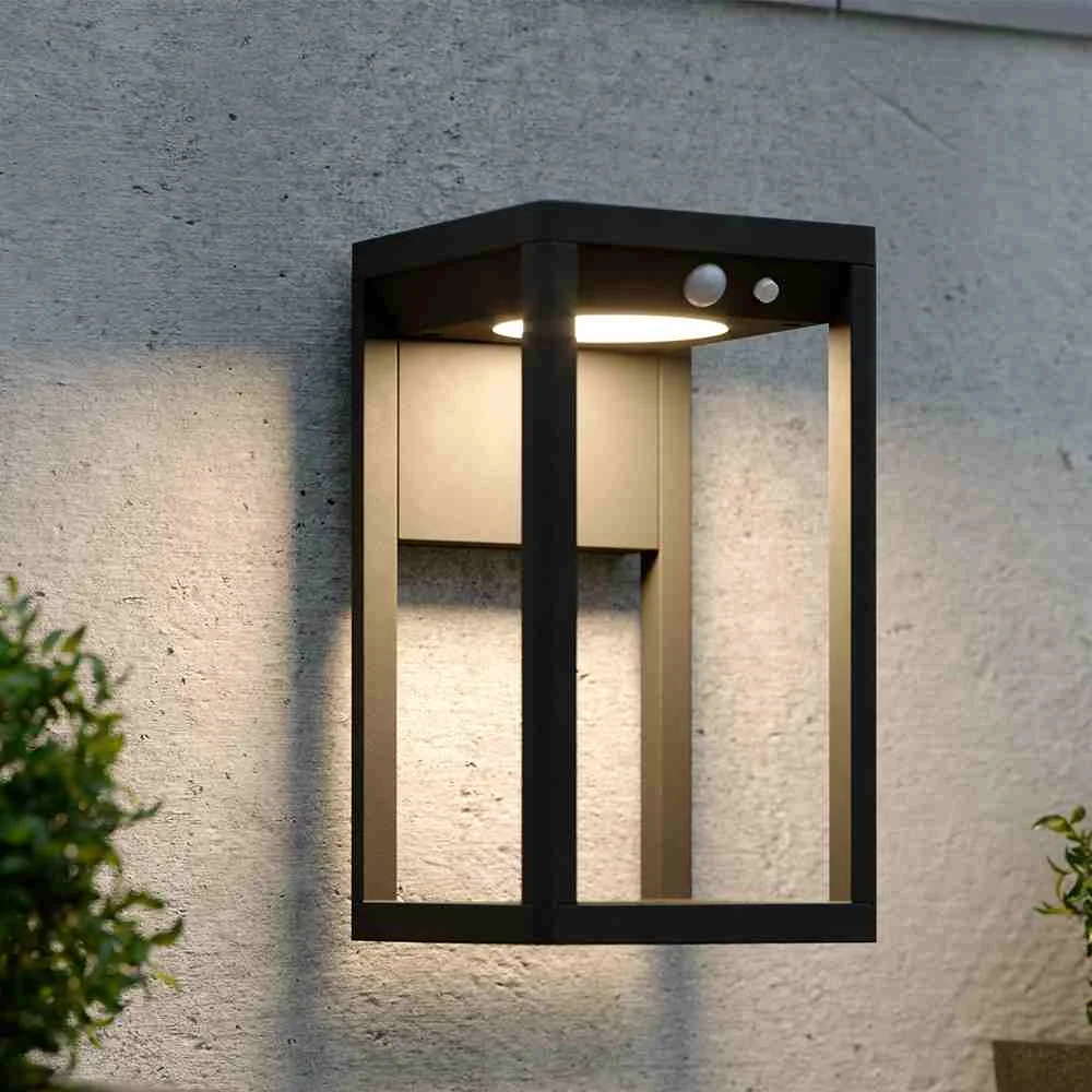 landscape die-cast aluminum black square glass lens solar outdoor wall light led motion sensor