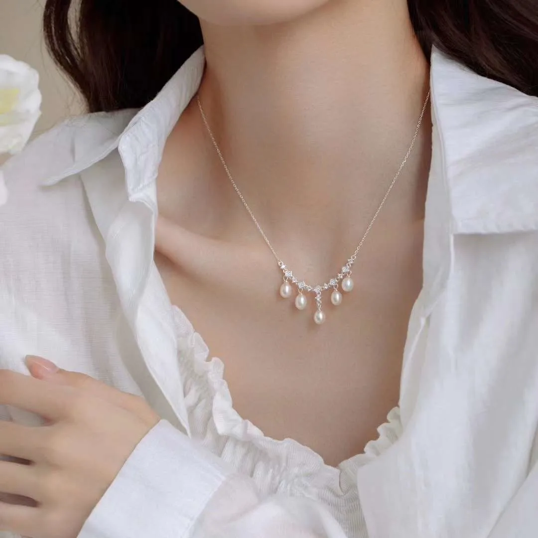 Explosion style struck lace multi-bead necklace peas chain 7-8mm  high quality freshwater rice pearl necklace ladies necklace