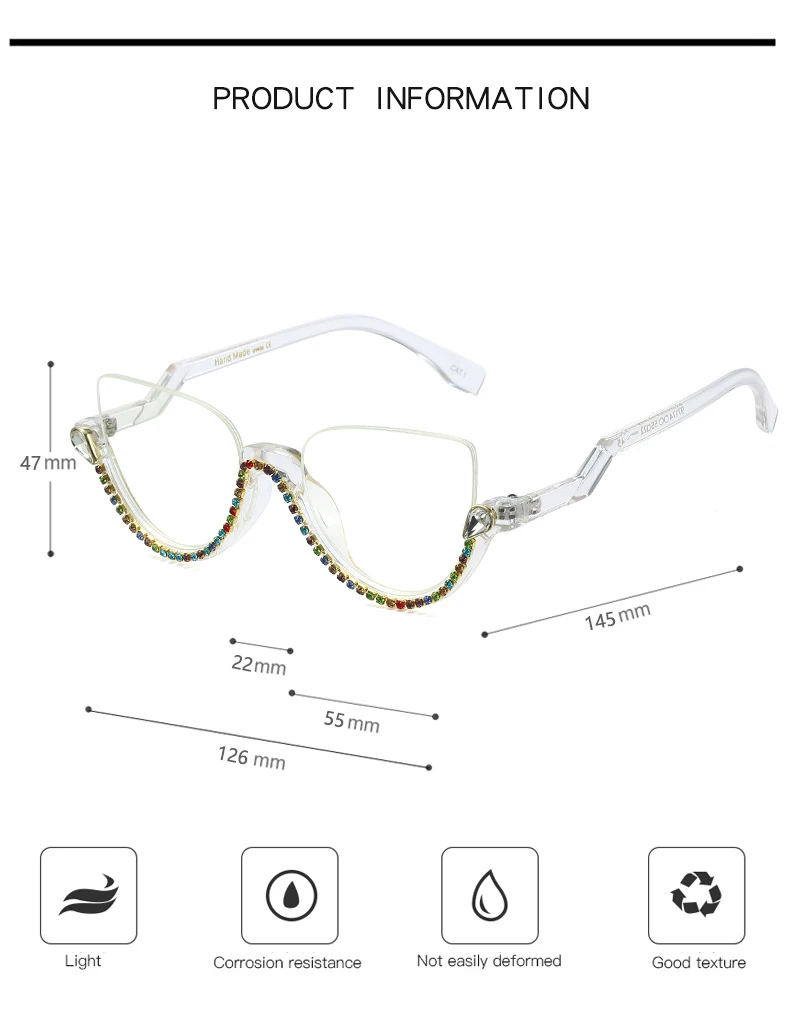 fashion PC cateye diamond woman blue light blocked shinny half rim optical glasses eyeglasses frame