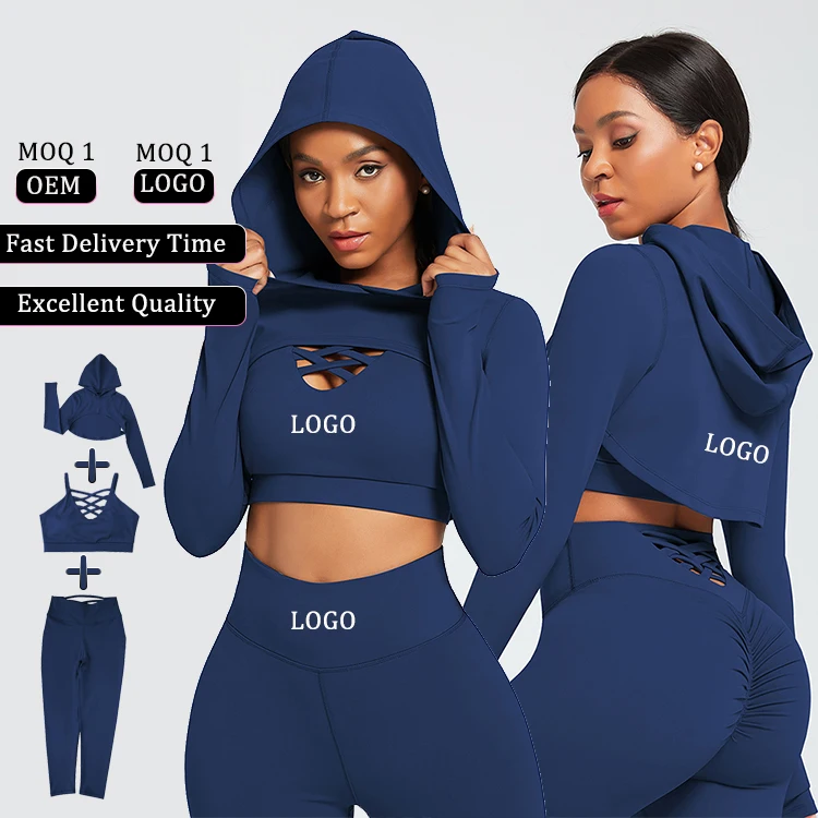 Комплекты женской спортивной одежды с логотипом на заказ, летние комплекты для тренажерного зала и фитнеса, костюм для йоги из 3 предметов, штаны с высокой талией, укороченный топ с капюшоном